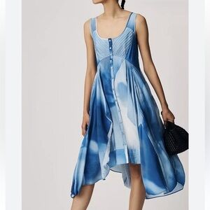Anthropologie Blue Parachute Printed Tie Dye Flowy Hankerchief Hem Dress XL